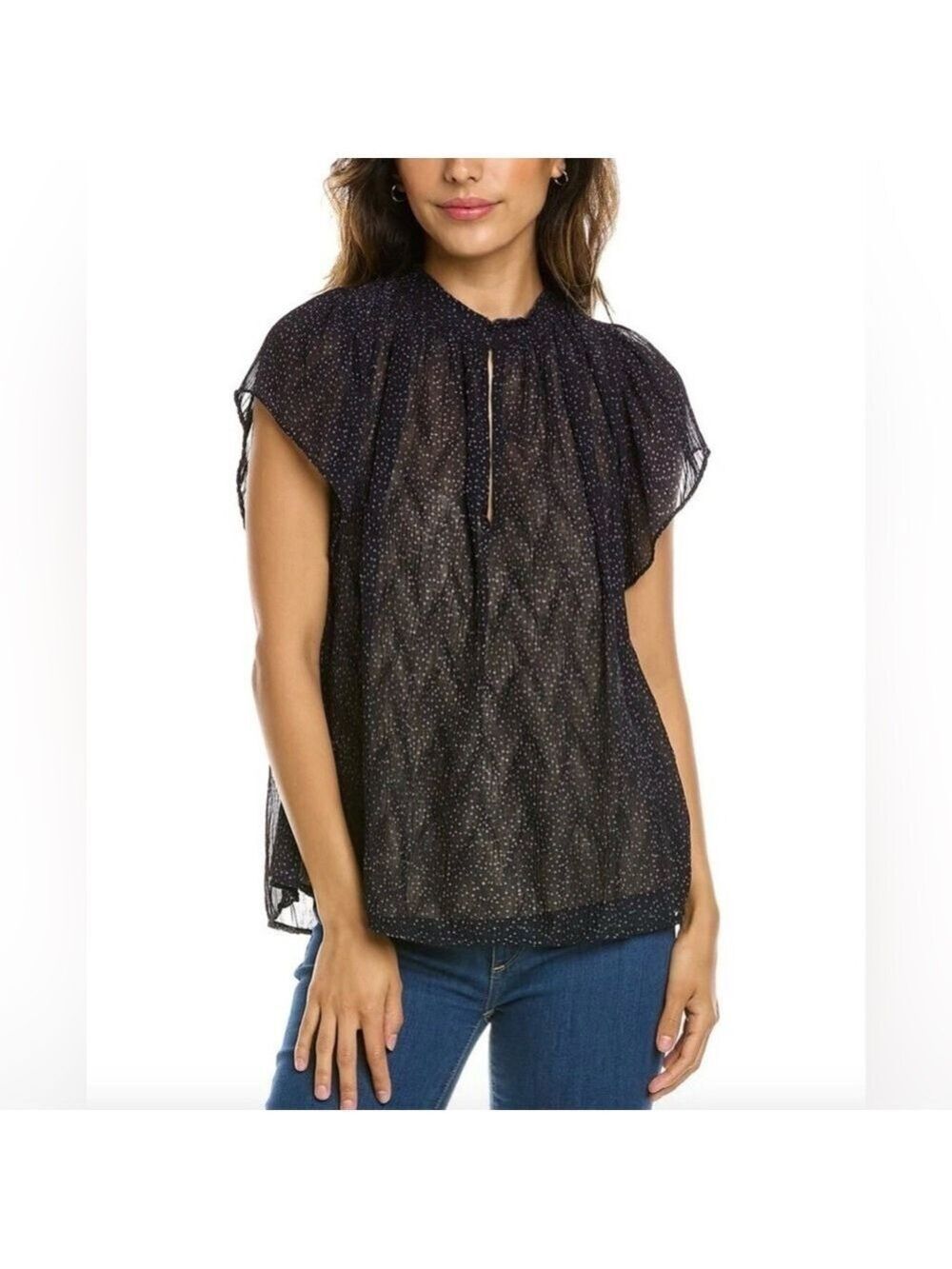 VINCE Starry Dot Semi Sheer Short Sleeve Blouse Blue Womens Size Small